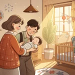 아빠와 엄마가 아기를 안고 있는 평안한 모습의 애니메이션 스타일의 일러스트