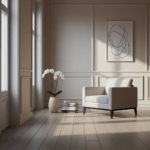 a room with a chair and a vase of books