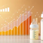 분유의 영양분 수치 그래프가 분유의 영양 함유량을 보여주고 분유가 담긴 젖병이 그래프 앞에 놓여 그래프를 더 강조함.