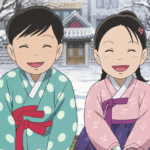 cartoon of two children in korean traditional clothing