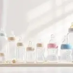 다양한 아기 젖병이 일렬로 진열됨