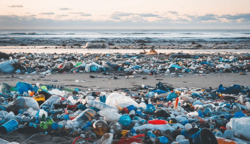 5밀리미터 미세플라스틱: 보이지 않는 위기 a large pile of plastic bottles on a beach