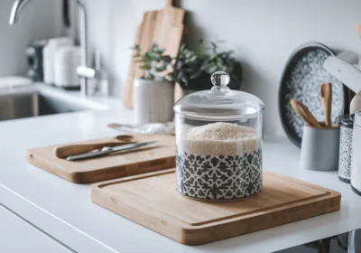 신선한 밥맛의 비결, 7가지 황금 쌀 보관법 a glass container with rice on a cutting board