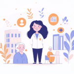 a woman standing in front of a group of senior people