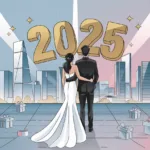 a man and woman in a dress and suit standing on a rooftop with a city behind them