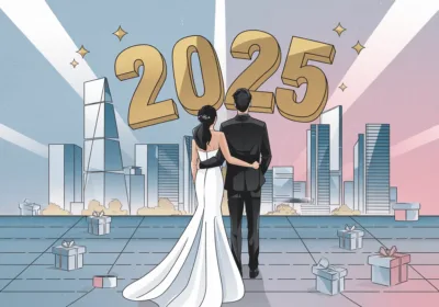 2025년 서울·경기 결혼지원금: 신혼부부를 위한 혜택 총정리 a man and woman in a dress and suit standing on a rooftop with a city behind them