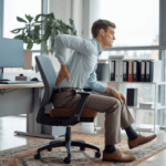 a man sitting in an office chair with his back pain