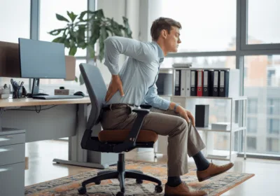 허리 건강을 위한 7가지 올바른 의자 자세 가이드 a man sitting in an office chair with his back pain