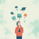 a man with laptops and question marks above his head