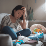 a woman sitting on a couch with baby clothes