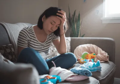 육아 번아웃 증후군 극복하기: 지친 부모를 위한 7가지 자기돌봄 방법 a woman sitting on a couch with baby clothes