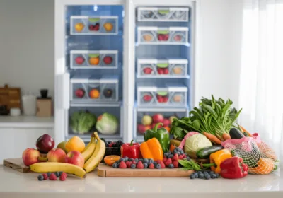 a group of fruits and vegetables on a counter