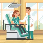 a cartoon of a doctor and a girl sitting in a chair