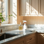a kitchen counter with a sink and a spray bottle