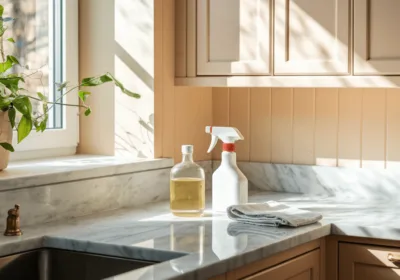 a kitchen counter with a sink and a spray bottle