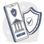 a cellphone with a shield and a building on the screen