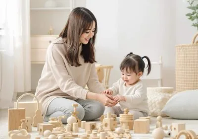 a woman and a child playing with wooden toys