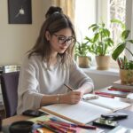 a woman sitting at a desk writing in a book