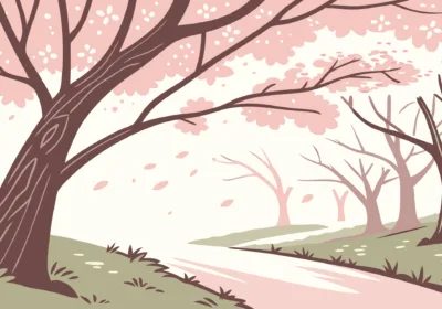 a road with cherry blossom and grass