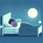 a cartoon of a girl sleeping in bed with a teddy bear