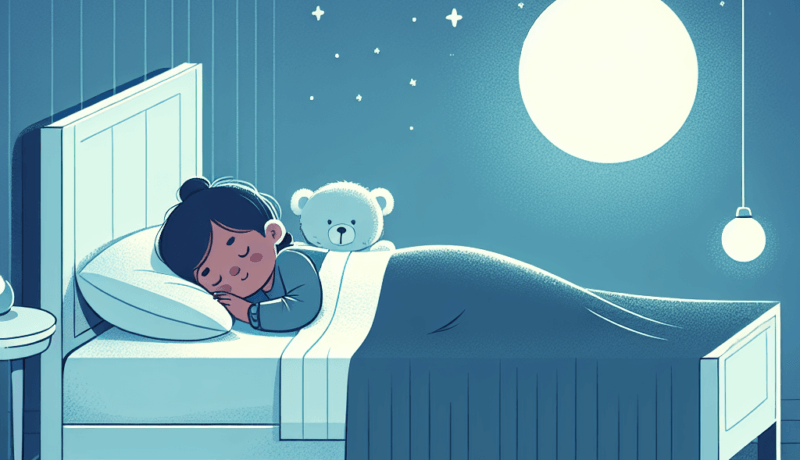 어린이 수면 개선을 위한 5가지 필수 팁 a cartoon of a girl sleeping in bed with a teddy bear