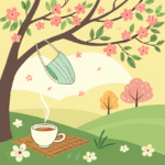 a cup of tea with a face mask from a tree