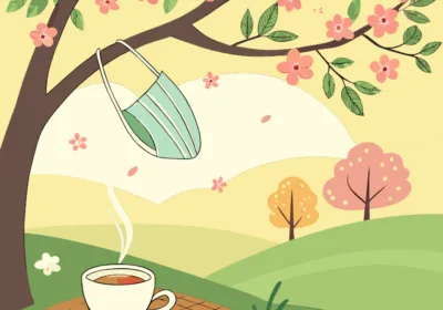 봄철 알레르기를 이기는 6가지 예방법: 꽃가루와 비염 걱정 없는 봄 a cup of tea with a face mask from a tree