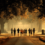 a group of people running on a path