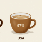 A comparison of coffee cups with percentage labels: 90% (Korea), 97% (USA), and 99% (Europe)