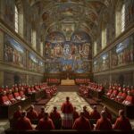 a group of people in a church with Sistine Chapel in the background