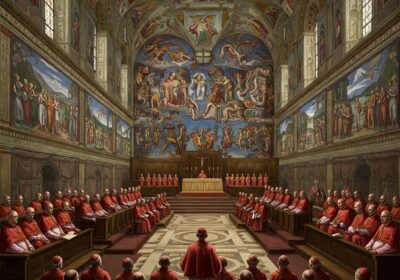 a group of people in a church with Sistine Chapel in the background