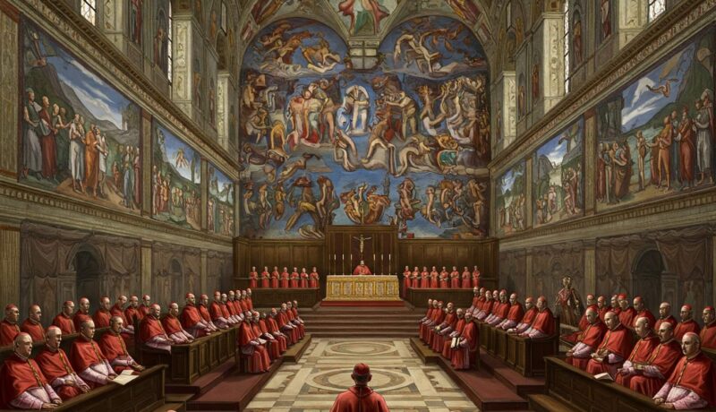 2025 새 교황은 언제? 콘클라베의 모든 것! a group of people in a church with Sistine Chapel in the background