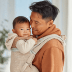 a man holding a baby with a baby carrier.