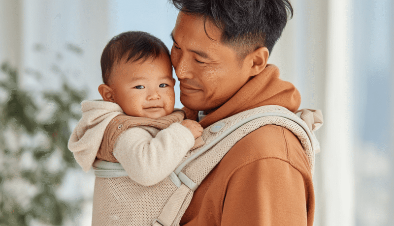 아기띠 사고, 3명 중 1명 중상! 핵심 예방법 a man holding a baby with a baby carrier.