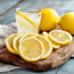 yellow lemon slices arranged on a rustic wooden cutting board, with a refreshing glass of lemonade beside it