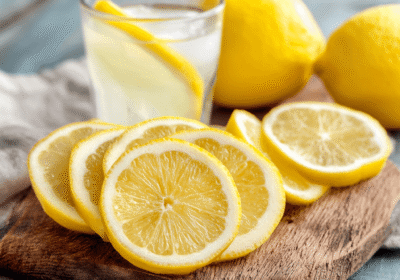 레몬 효능 5가지와 건강한 레몬수 만드는 법 yellow lemon slices arranged on a rustic wooden cutting board, with a refreshing glass of lemonade beside it