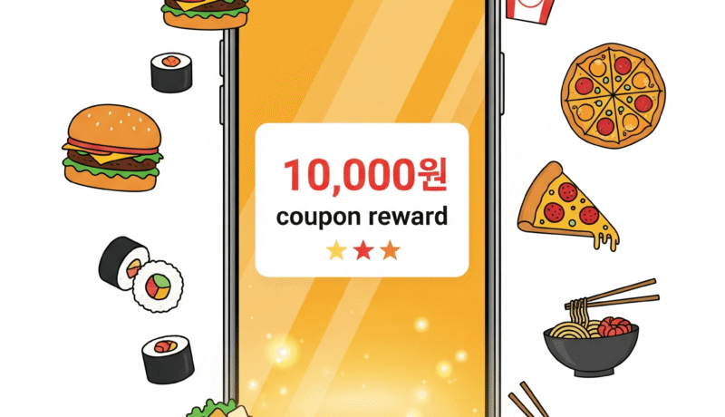 공공배달앱 1만원 쿠폰 받는 법 완벽 가이드 – 2025년 6월 신규 혜택 Smartphone screen displaying '10,000 won coupon reward' notification with delivery food icons around it