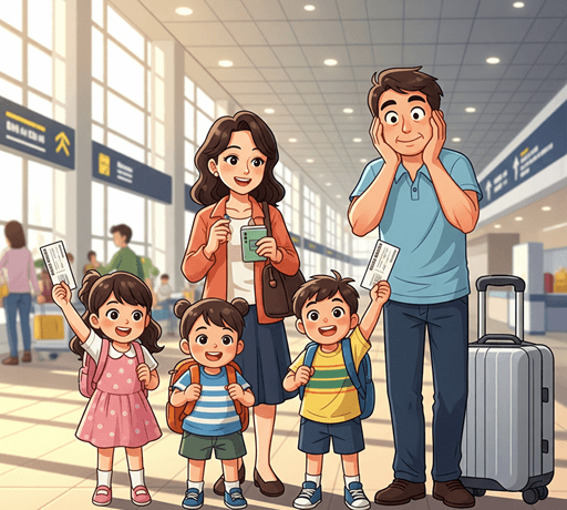 a cartoon of a family in an airport