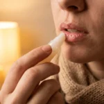 겨울철 립밤 바르는 여성 - 건조한 입술 관리 - Useful Life Hub 따뜻한 스웨터를 입은 여성이 립밤을 입술에 바르고 있는 모습, 겨울철 입술 보습 관리