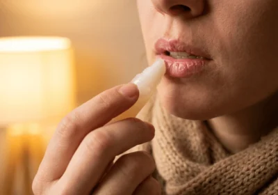 따뜻한 스웨터를 입은 여성이 립밤을 입술에 바르고 있는 모습, 겨울철 입술 보습 관리