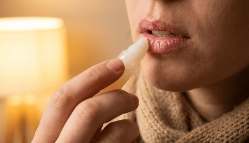 따뜻한 스웨터를 입은 여성이 립밤을 입술에 바르고 있는 모습, 겨울철 입술 보습 관리