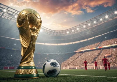 월드컵 트로피와 축구공이 경기장 필드 위에 놓여있고 뒤로 선수들이 보이는 모습