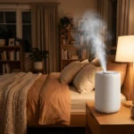 침실 침대 옆 나무 테이블 위에서 수증기를 분사하는 백색 초음파식 가습기, 따뜻한 조명과 니트 담요가 있는 안락한 분위기