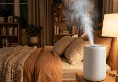 침실 침대 옆 나무 테이블 위에서 수증기를 분사하는 백색 초음파식 가습기, 따뜻한 조명과 니트 담요가 있는 안락한 분위기