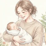 따뜻한 분위기와 환한 미소로 아기를 안고 있는 엄마 일러스트