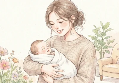따뜻한 분위기와 환한 미소로 아기를 안고 있는 엄마 일러스트