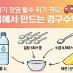 아기 장염 탈수 대비 집에서 만드는 경구수액물 1L설탕 6티스푼소금 05티스푼 - Useful Life Hub 아기 장염 탈수 시 집에서 만드는 경구수액 레시피 인포그래픽: 물 1L, 설탕 6티스푼, 소금 0.5티스푼, 레몬(선택)