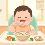 아기가 이유식 의자에 앉아 소고기 야채죽을 먹으며 환하게 웃는 장면, 트레이에 당근·브로콜리와 귀여운 소 그림 카드가 놓인 파스텔 일러스트