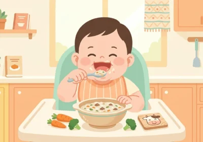 아기가 이유식 의자에 앉아 소고기 야채죽을 먹으며 환하게 웃는 장면, 트레이에 당근·브로콜리와 귀여운 소 그림 카드가 놓인 파스텔 일러스트