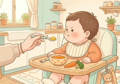 아기가 이유식 의자에 앉아 입을 다물고 엄마가 내미는 숟가락을 거부하는 장면, 트레이에 당근과 브로콜리가 놓인 따뜻한 주방 일러스트